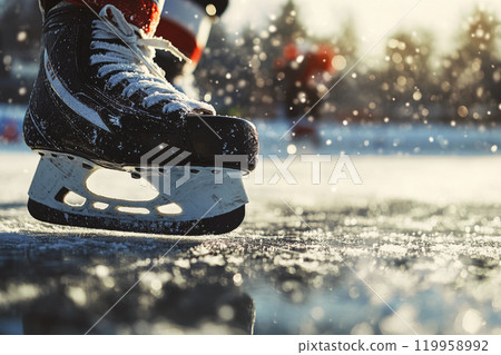 Hockey player skating on ice rink during match 119958992