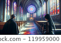 Priest and Lady in stained glass light in church 119959000