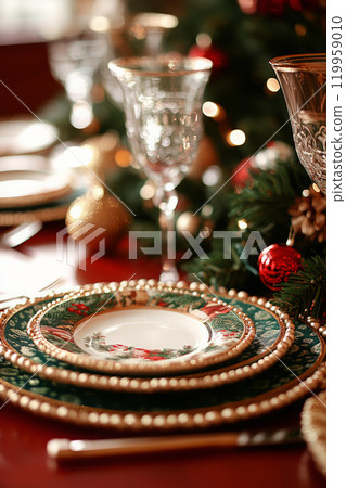 Christmas table setting with festive plates and decorations Christmas table setting with festive plates and decorations 119959010