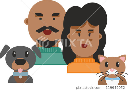 flat design illustration of a african american couple of adult people husband and wife with a dog and a cat front view 119959052