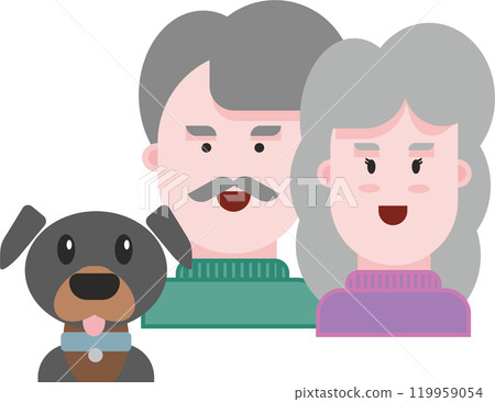 flat design illustration of an elderly couple with a dog front view. 119959054