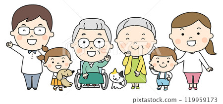 Three generation family with pet dog and cat Three generation family with pet dog and cat 119959173