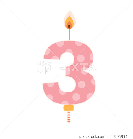 Pink birthday cake candle with flame light. Three year old. Kindergarten birthday party celebration item. Flat vector illustration. 119959343