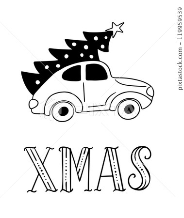 Christmas tree with car hand drawn illustration Christmas tree with car hand drawn illustration 119959539