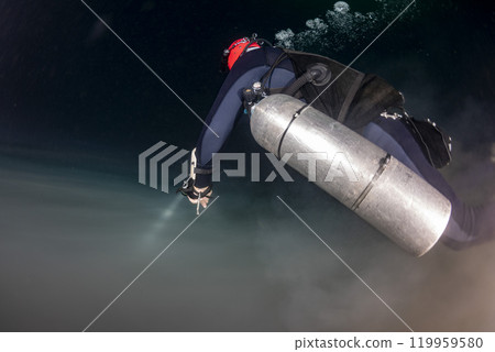 Diving in Mexican Cenote underwater cave with green gas cloud Diving in Mexican Cenote underwater cave with green gas cloud 119959580