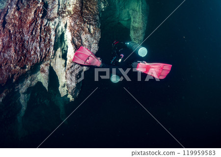Diving in Mexican Cenote underwater cave with green gas cloud Diving in Mexican Cenote underwater cave with green gas cloud 119959583