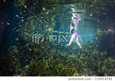 Diving in Mexican Cenote underwater cave snorkeling in surface photo taken from underwater with splashes 119959592
