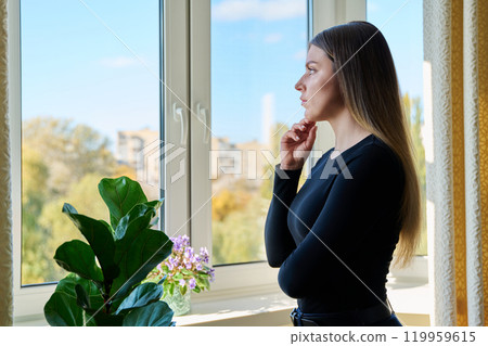 Serious young woman looking out the window 119959615