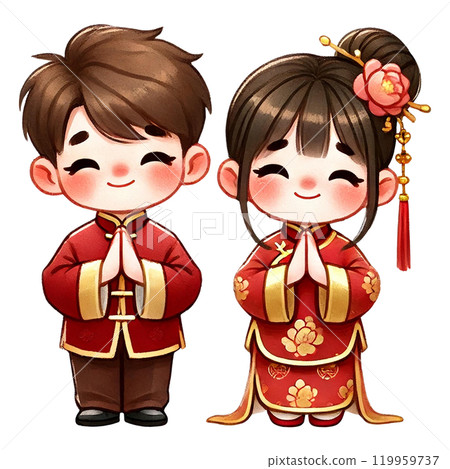 Two cheerful children in traditional outfits, posing with hands together. Chinese New Year 119959737
