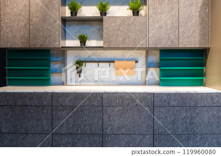 Modern kitchen cabinet with marble backsplash and shelves 119960080