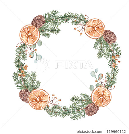 Christmas Wreath with Winter plants and dry orange slices. Circle Frame. Hand drawn Botanical Illustration of Fir Branches, Eucalyptus, Pine Cones and Berries isolated on white background. For 119960112