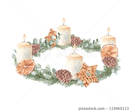 Christmas Advent Wreath with Winter plants, burning Candles and wooden Wicker star Toy. Fourth Advent. Hand drawn Illustration in rustic style isolated on white background. For Cards, Invitations and Christmas Advent Wreath with Winter plants, burning Candles and wooden Wicker star Toy. Fourth Advent. Hand drawn Illustration in rustic style isolated on white background. For Cards, Invitations and 119960113