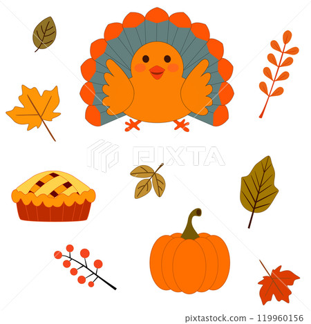 Thanksgiving Day Turkey, Pie, Pumpkin With Autumn Leaves Elements in Flat Style Vector Illustration. Traditional Thanksgiving Food And Seasonal Foliage for Decoration, Invitations. Vector illustration Thanksgiving Day Turkey, Pie, Pumpkin With Autumn Leaves Elements in Flat Style Vector Illustration. Traditional Thanksgiving Food And Seasonal Foliage for Decoration, Invitations. Vector illustration 119960156