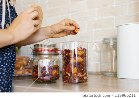 Woman Organizes Dried Fruit in Glass Jars on Kitchen Countertop Woman Organizes Dried Fruit in Glass Jars on Kitchen Countertop 119960211