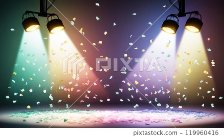 lighted stage, spotlights, confetti, holiday cheer, Christmas. 119960416