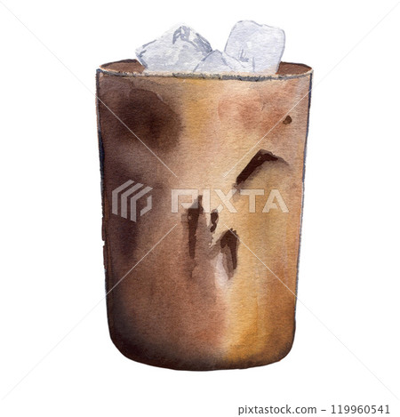 A glass of caramel iced coffee. Watercolor illustration isolated on white background for design, cards, postcards, menus, posters, business, decor A glass of caramel iced coffee. Watercolor illustration isolated on white background for design, cards, postcards, menus, posters, business, decor 119960541