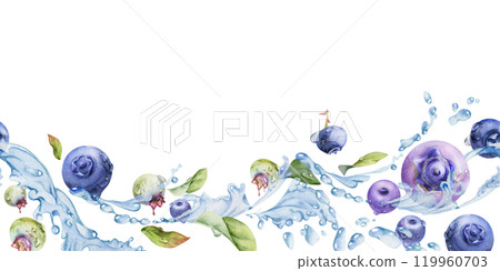 Blueberry blackberry flying in water splashes with drops, hand drawn in watercolor, ripe purple forest berry and leaves. Seamless banner illustration for restaurant, cafe menu, wedding, farmers market 119960703