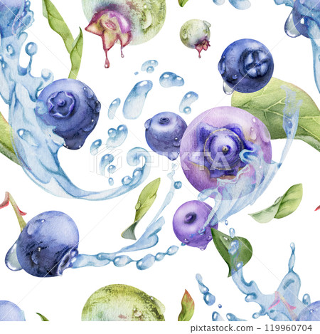 Blueberry blackberry flying in water splashes with drops, ripe purple forest berry and leaves hand drawn in watercolor. Seamless pattern illustration. Restaurant, cafe menu, farmers market, wedding Blueberry blackberry flying in water splashes with drops, ripe purple forest berry and leaves hand drawn in watercolor. Seamless pattern illustration. Restaurant, cafe menu, farmers market, wedding 119960704
