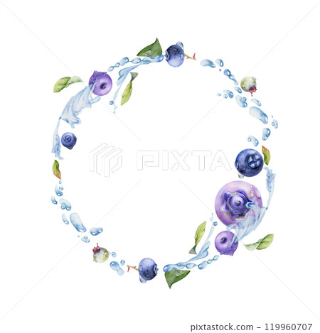 Blueberry blackberry flying in water splash with drops and green leaves, hand drawn in watercolor, ripe summer forest berry. Isolated wreath frame illustration. Restaurant, cafe menu, farmers market 119960707
