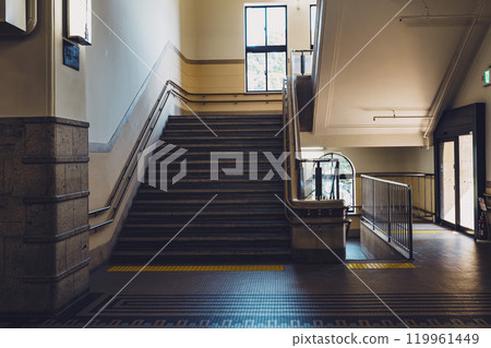 Retro staircase in a historic stone building, Retro staircase in a historic stone building, 119961449