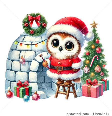 Cute owl in Santa outfit by igloo and Christmas decorations. Cute owl in Santa outfit by igloo and Christmas decorations. 119961517