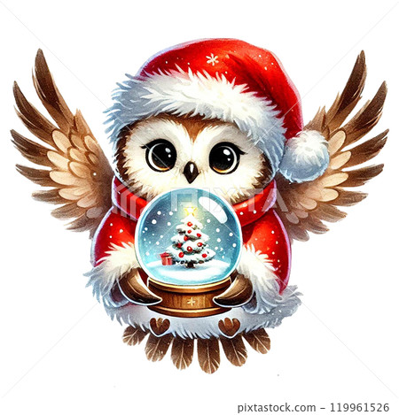 Cute owl with Santa hat holding a snow globe Cute owl with Santa hat holding a snow globe 119961526