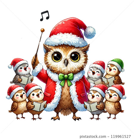 Owl directing Christmas carolers in festive attire. 119961527