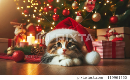 Adorable kitten in Santa hat lying near decorated Christmas tree with gifts, candles, and ornaments. Cozy holiday scene with warm lighting Adorable kitten in Santa hat lying near decorated Christmas tree with gifts, candles, and ornaments. Cozy holiday scene with warm lighting 119961560