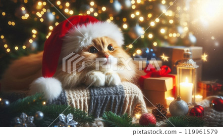 Cat in Santa hat surrounded by Christmas decorations and lights. Cozy holiday atmosphere 119961579