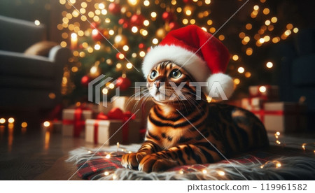 Bengal cat wearing a Santa hat lying next to Christmas gifts and ornaments with a lit Christmas tree in the background. Cozy holiday setting 119961582