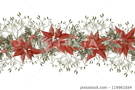 Vintage Christmas seamless border of holly,poinsettia and mistletoe as a symbol of holiday, miracle and faith.Watercolor illustration isolated on white background for tableware,cards, kitchen textiles Vintage Christmas seamless border of holly,poinsettia and mistletoe as a symbol of holiday, miracle and faith.Watercolor illustration isolated on white background for tableware,cards, kitchen textiles 119961884
