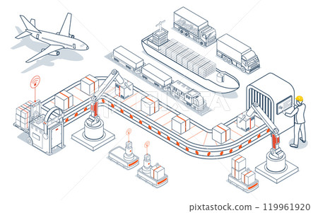 Global logistics network coordinates transportation, supply chain management (SCM), and operations across companies worldwide to deliver efficient logistics services. Vector illustration EPS 10 119961920