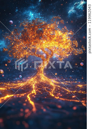 A radiant tree with golden branches and glowing leaves growing in the center of a swirling galaxy, each leaf reflecting vibrant colors as planets and stars orbit its luminous roots 119962043