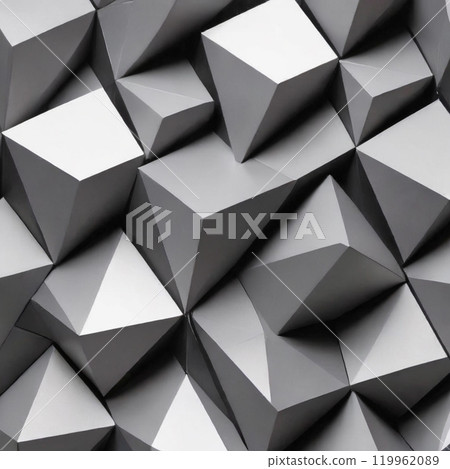 Abstract art featuring a geometric arrangement of 3D cubes with a monochromatic palette creating depth through shadows and angles 119962089