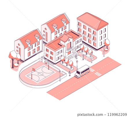 City school and apartment buildings - vector isometric illustration 119962209