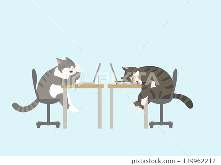A scene with a cat and other cats A cat exhausted from being too busy at work A scene with a cat and other cats A cat exhausted from being too busy at work 119962212