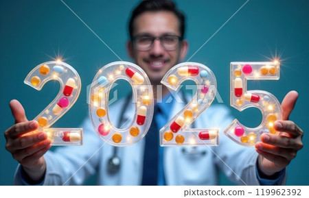 Doctor in white medic coat holds in his hands transparent numbers 2025 filled with colored tablets Doctor in white medic coat holds in his hands transparent numbers 2025 filled with colored tablets 119962392
