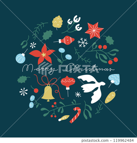 Christmas round elements pattern for banner, card. Cute flat Merry Christmas design with winter plants, dove, gift, flower, bell. Christmas round elements pattern for banner, card. Cute flat Merry Christmas design with winter plants, dove, gift, flower, bell. 119962484