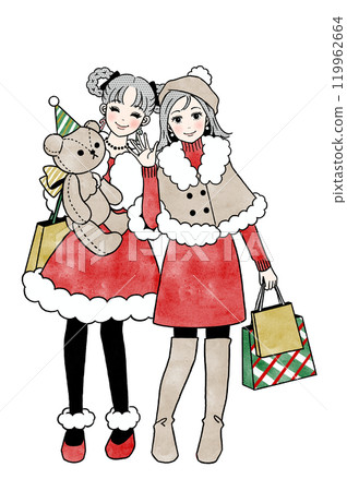 Full-body illustration of two girls in Christmas outfits 119962664
