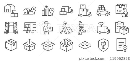 Moving service icon set. It included contexts such as relocation, Boxes, Truck, mover, new Home, and more. Editable Vector Stroke. 119962838