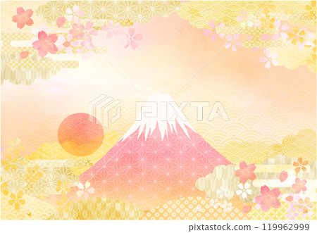 Background material of watercolor Japanese pattern and Mt. Fuji 119962999