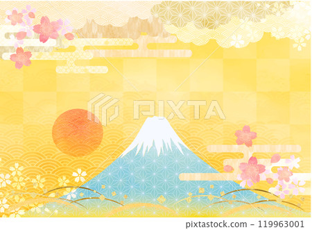 Background material of watercolor Japanese pattern and Mt. Fuji Background material of watercolor Japanese pattern and Mt. Fuji 119963001