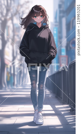 穿着外套牛仔裤的少女插画 119963201