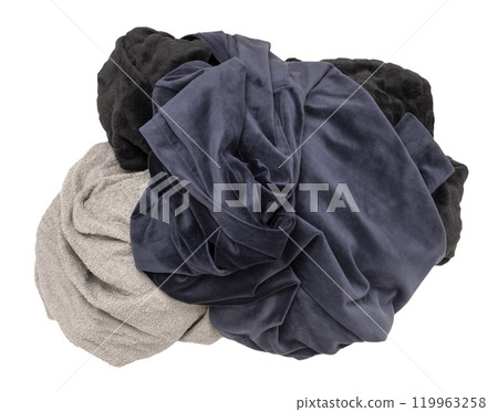 Pile of various crumpled clothes, soft fabrics in dark colors like navy, gray, and black, isolated on white background. Top view. Ideal for themes of fashion, laundry, or textiles. Cut out clothing. Pile of various crumpled clothes, soft fabrics in dark colors like navy, gray, and black, isolated on white background. Top view. Ideal for themes of fashion, laundry, or textiles. Cut out clothing. 119963258
