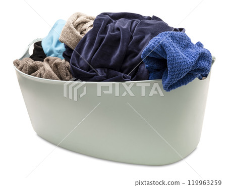 Laundry basket filled with assorted clothes in various colors, isolated on white background. Front view. Ideal for themes related to laundry, household chores, or textile care. Cut out clothing. 119963259