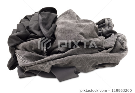 Crumpled pile of dark gray clothes isolated on white background. Front view. Ideal for themes related to fashion, laundry, recycling. Cut out heap of clothing. 119963260
