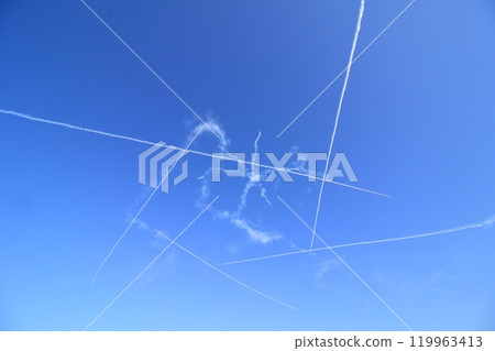 Blue Impulse exhibition flight: Blue Impulse trailing smoke in clear skies: Star Cross 119963413