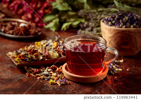 Herbal tea and a mix of various dried medicinal plants and herbs. 119963441