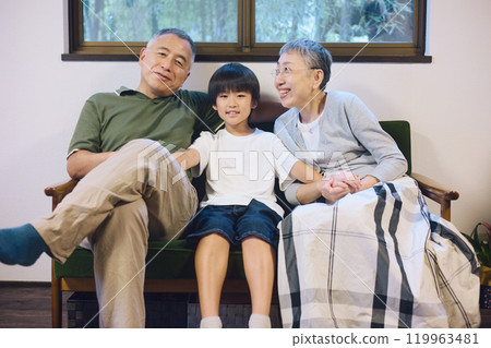Smiling grandchild and senior couple sitting on sofa 119963481