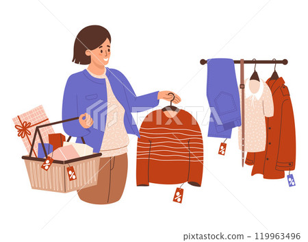 Shopping, seasonal sale. Happy woman brunette with gift in shopping cart buys fashionable sweater near store rack with clothes. Vector illustration. Holiday female shopper. Black Friday. 119963496